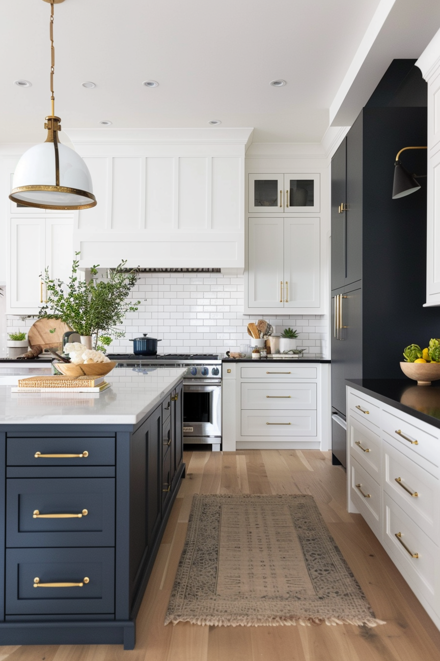 Contrasting island with white cupboards and black worktops