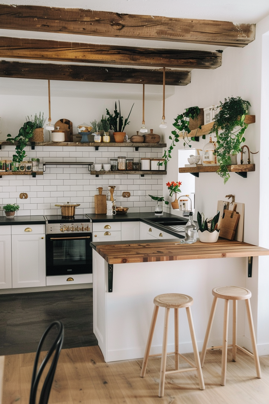 Natural wood accents with white cupboards and black worktops