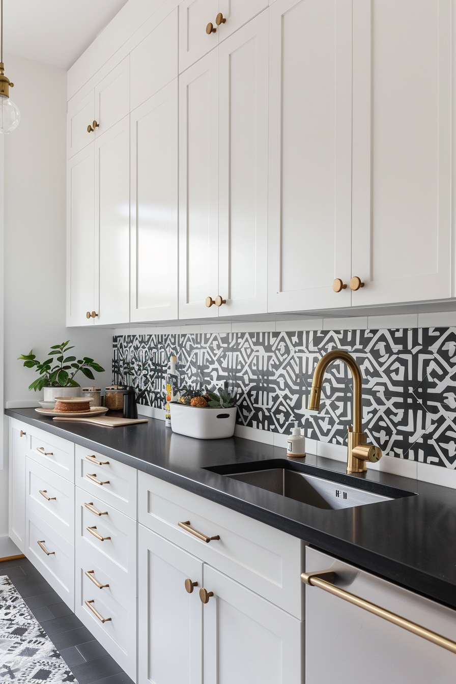 White cupboards, black worktops and a geometric splashback