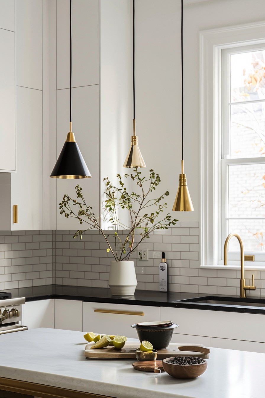 Statement lighting with white cupboards and black worktops