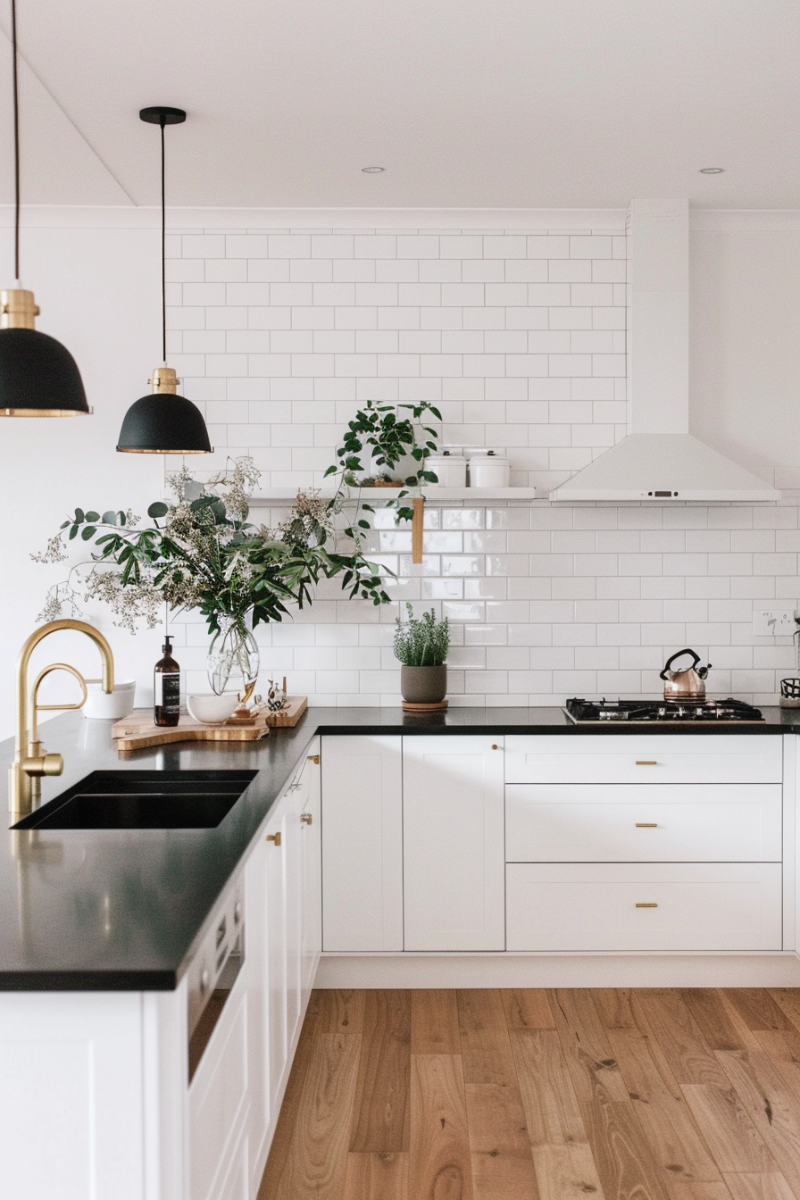 Statement lighting with white cupboards and black worktops