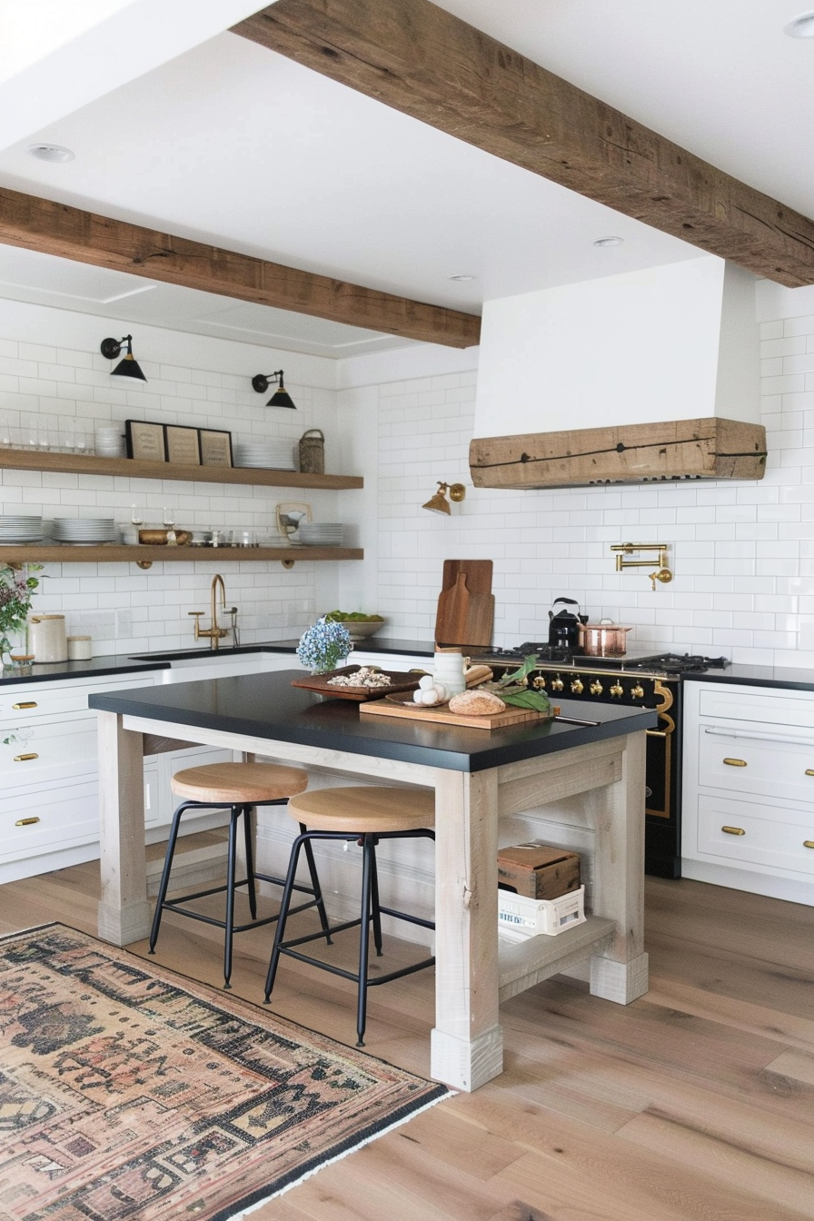 Natural wood accents with white cupboards and black worktops