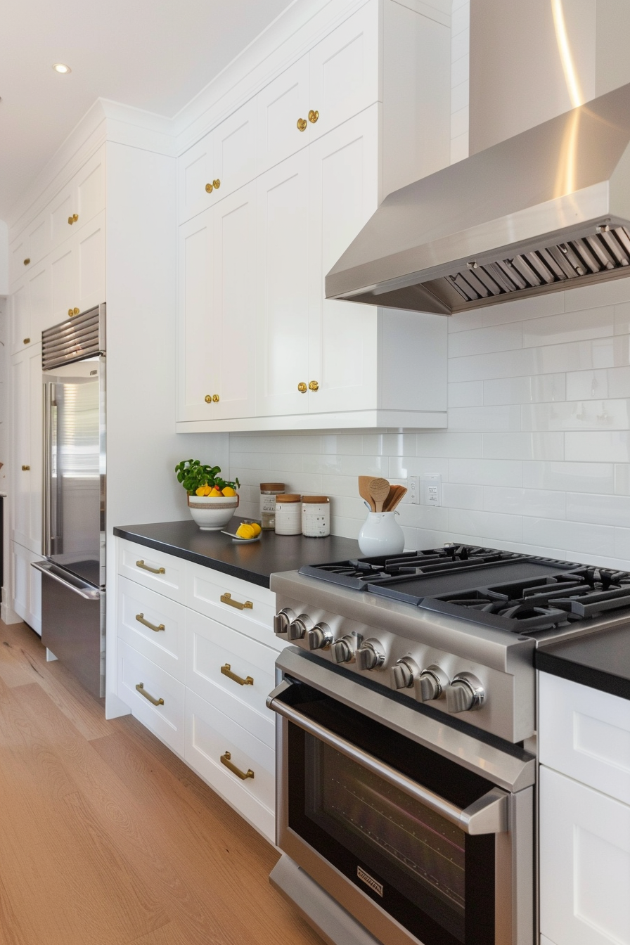 Stainless steel devices with white cupboards and black worktops