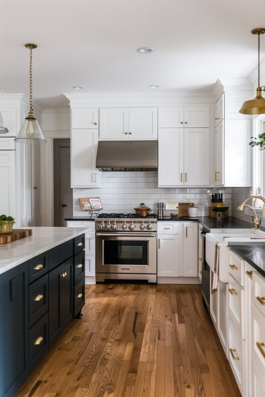 Contrasting island with white cupboards and black worktops