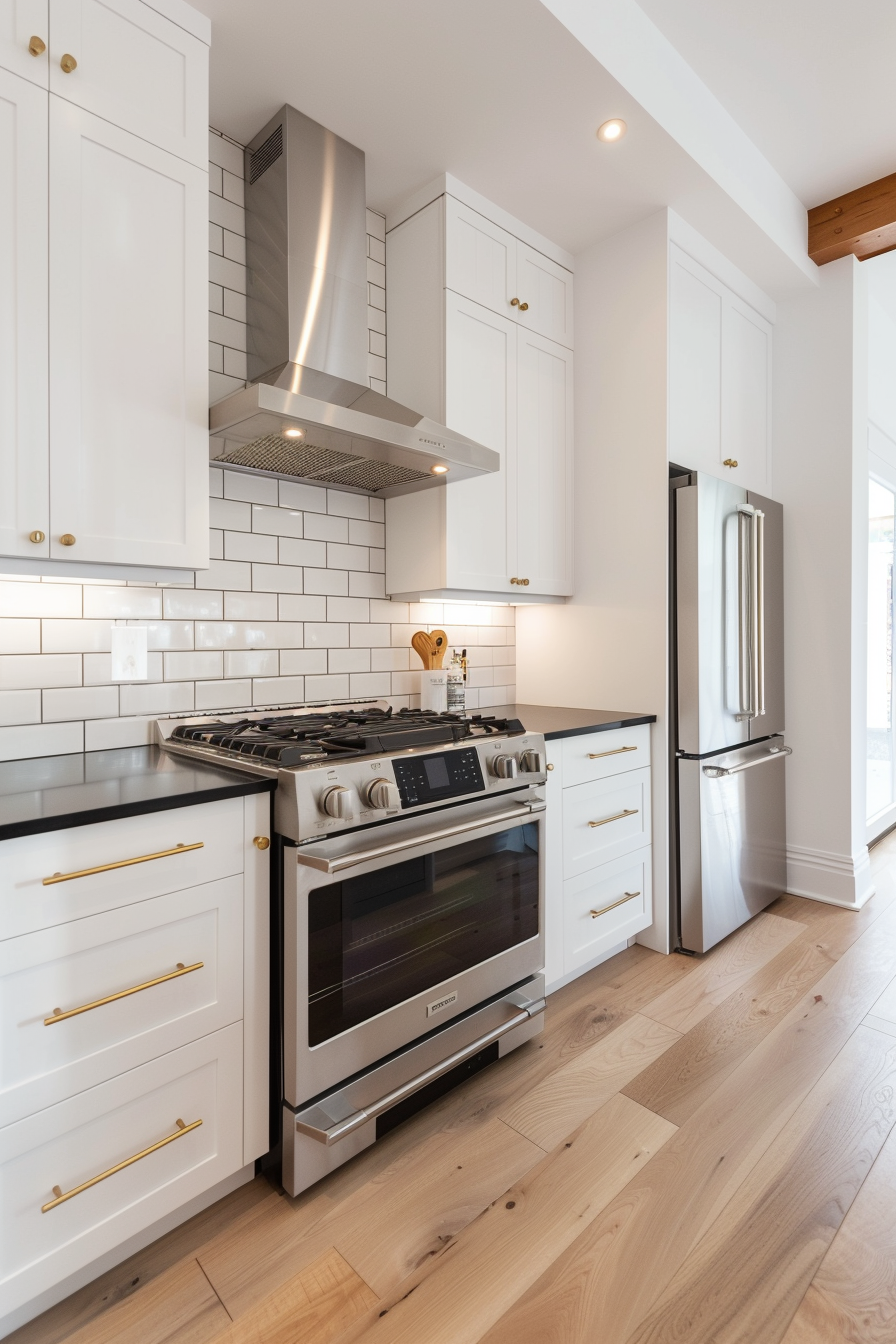 Stainless steel devices with white cupboards and black worktops