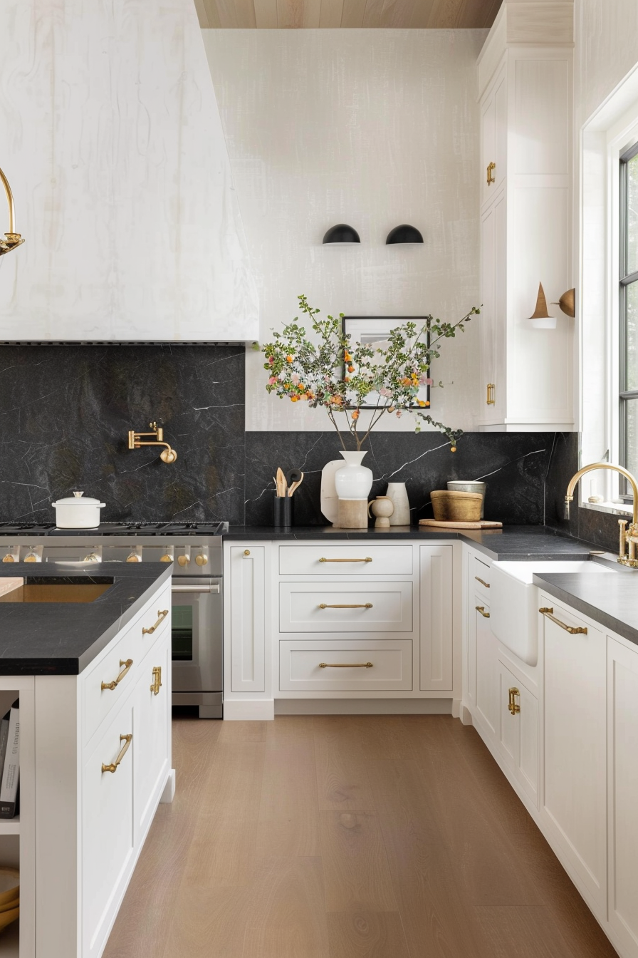 Different textures in a kitchen with white cupboards and black worktops