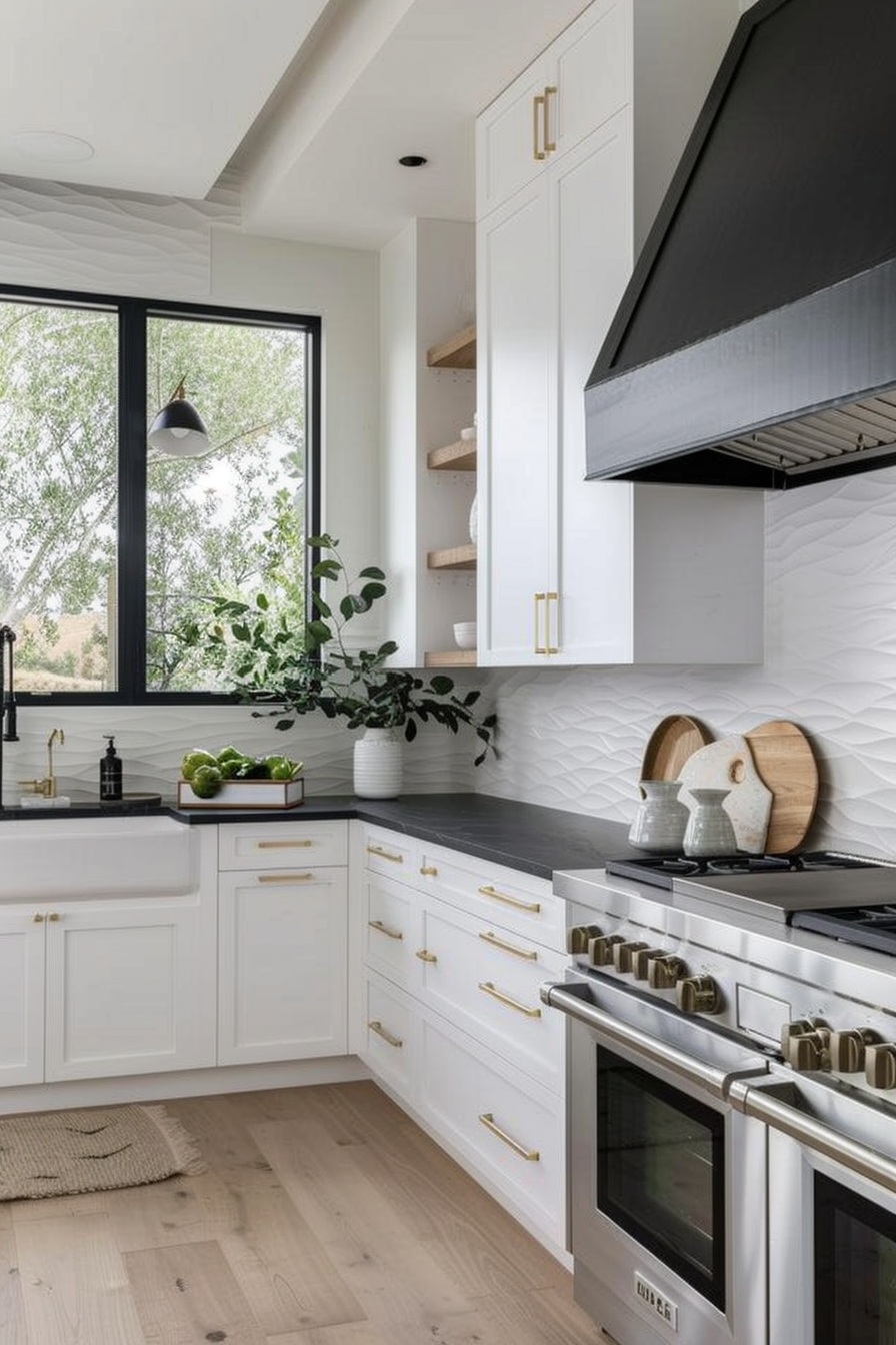 Different textures in a kitchen with white cupboards and black worktops