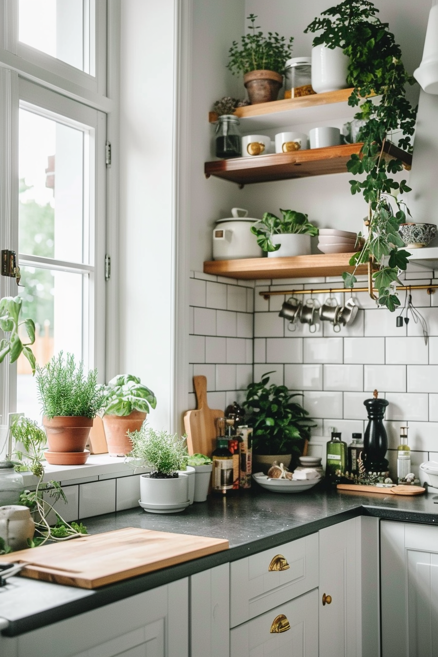 Green in a kitchen with white cupboards and black worktops