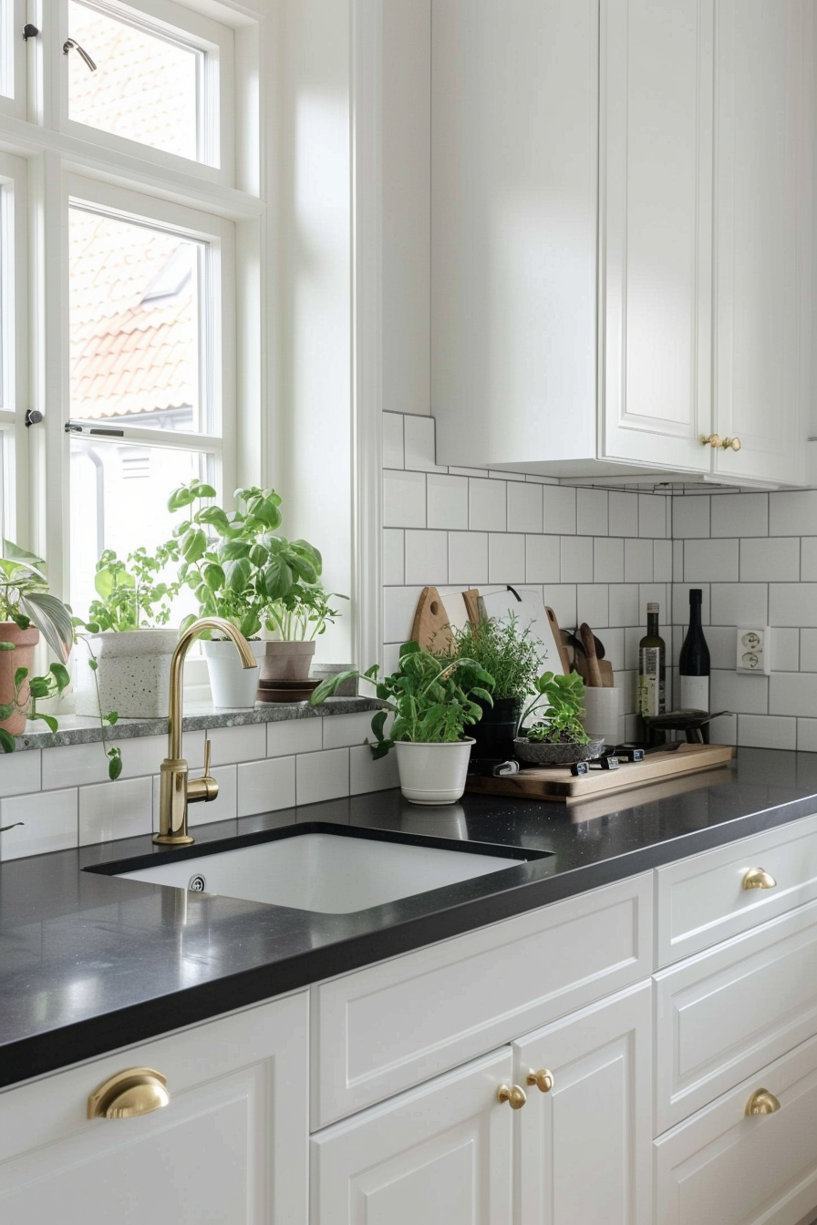 Green in a kitchen with white cupboards and black worktops