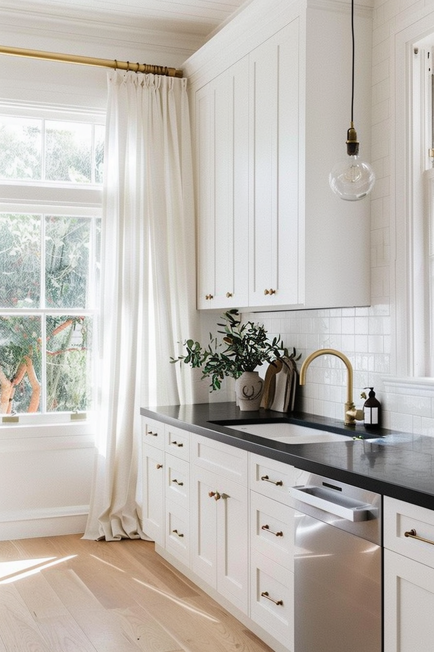 Elegant window treatments with white cupboards and black worktops