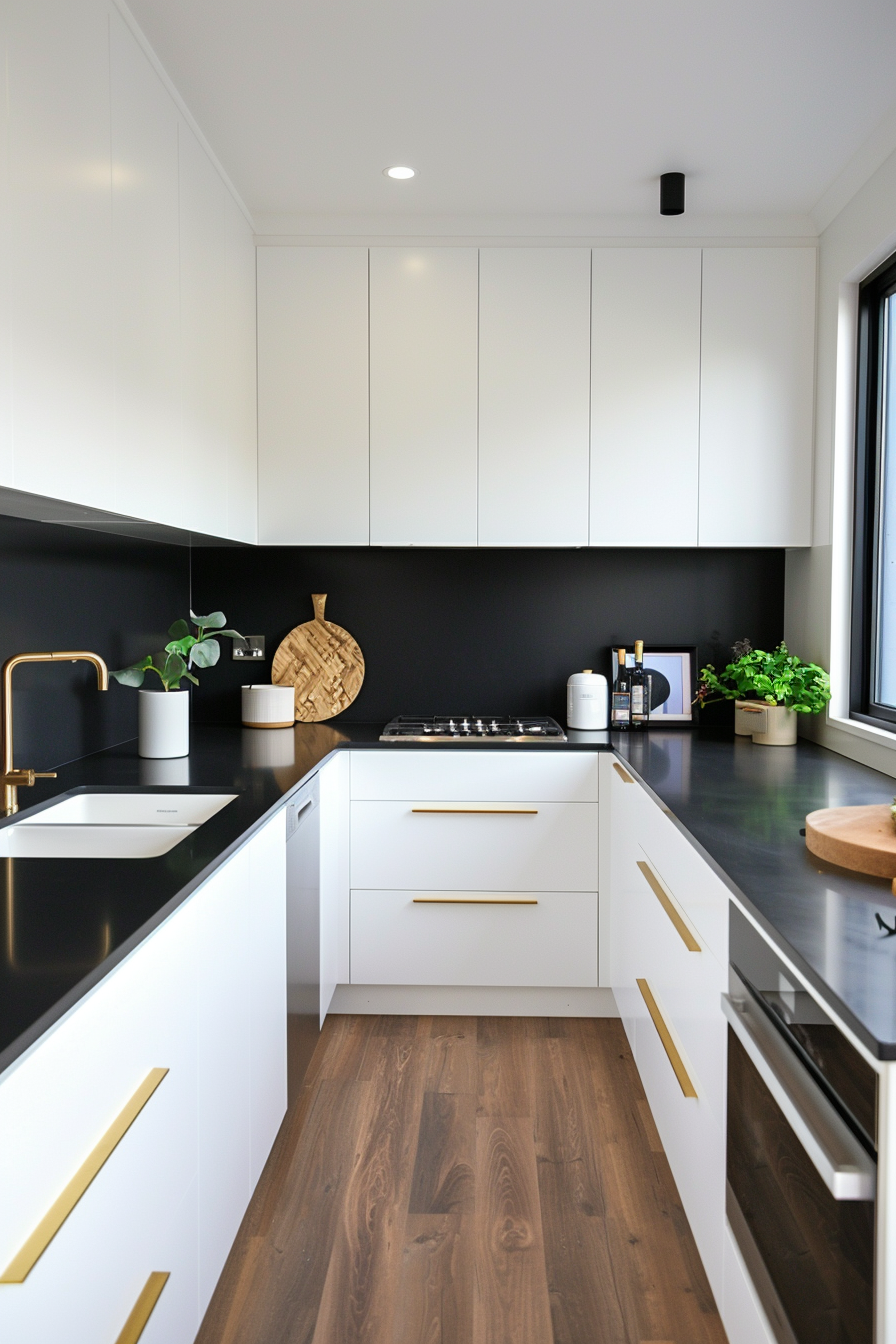 Monochrome splashback with white cupboards and black worktops