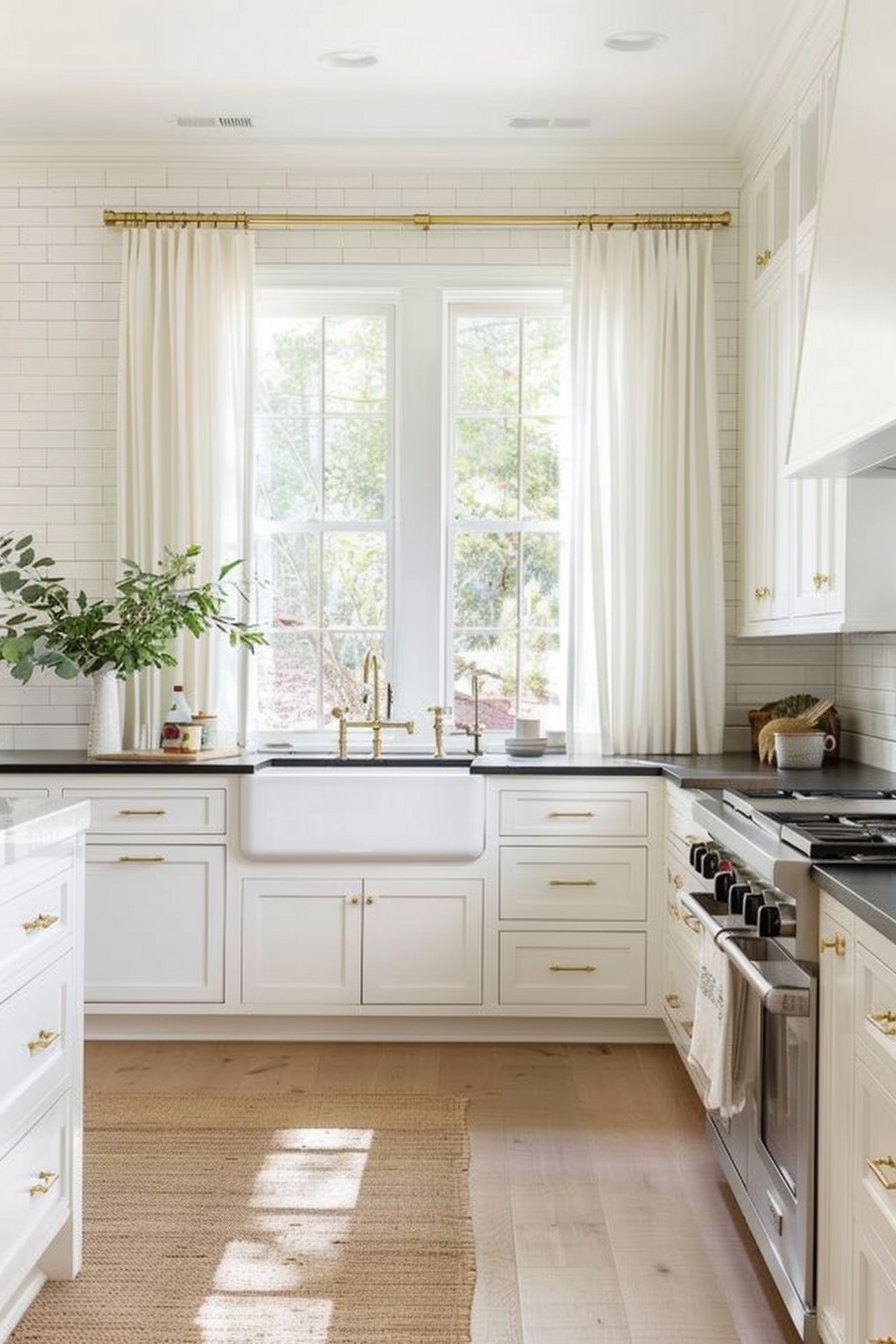 Elegant window treatments with white cupboards and black worktops