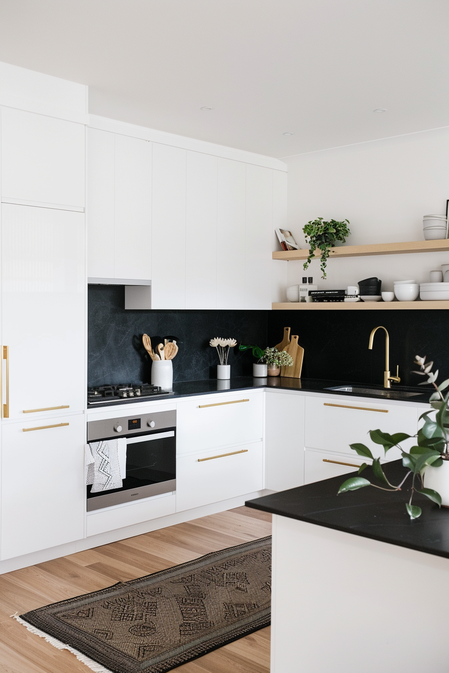 Monochrome splashback with white cupboards and black worktops