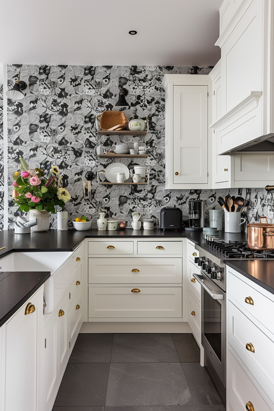 Have wall with white cupboards and black worktops