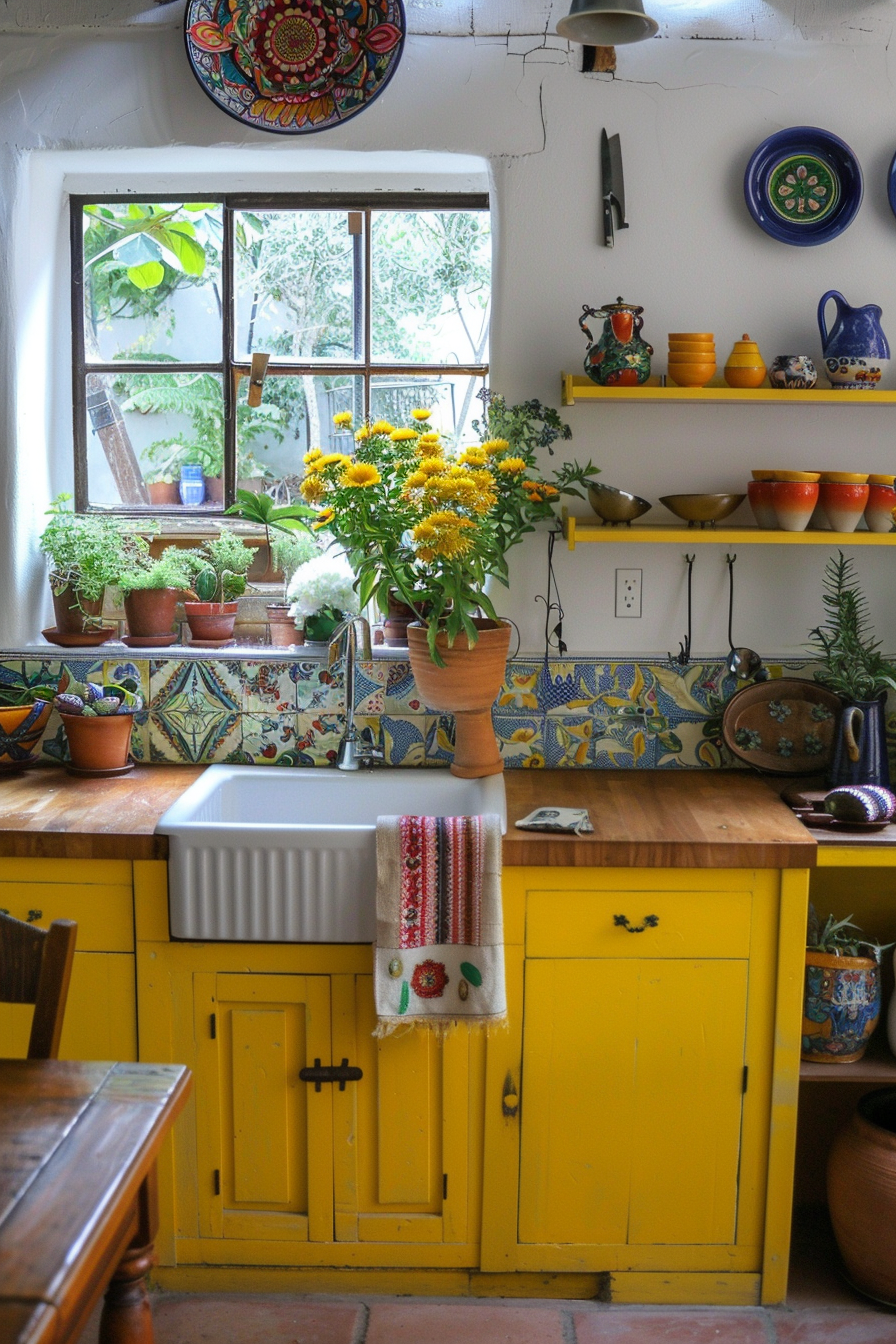 Cozy Mexican farmhouse kitchen with yellow cupboards and a farmhouse washing basin
