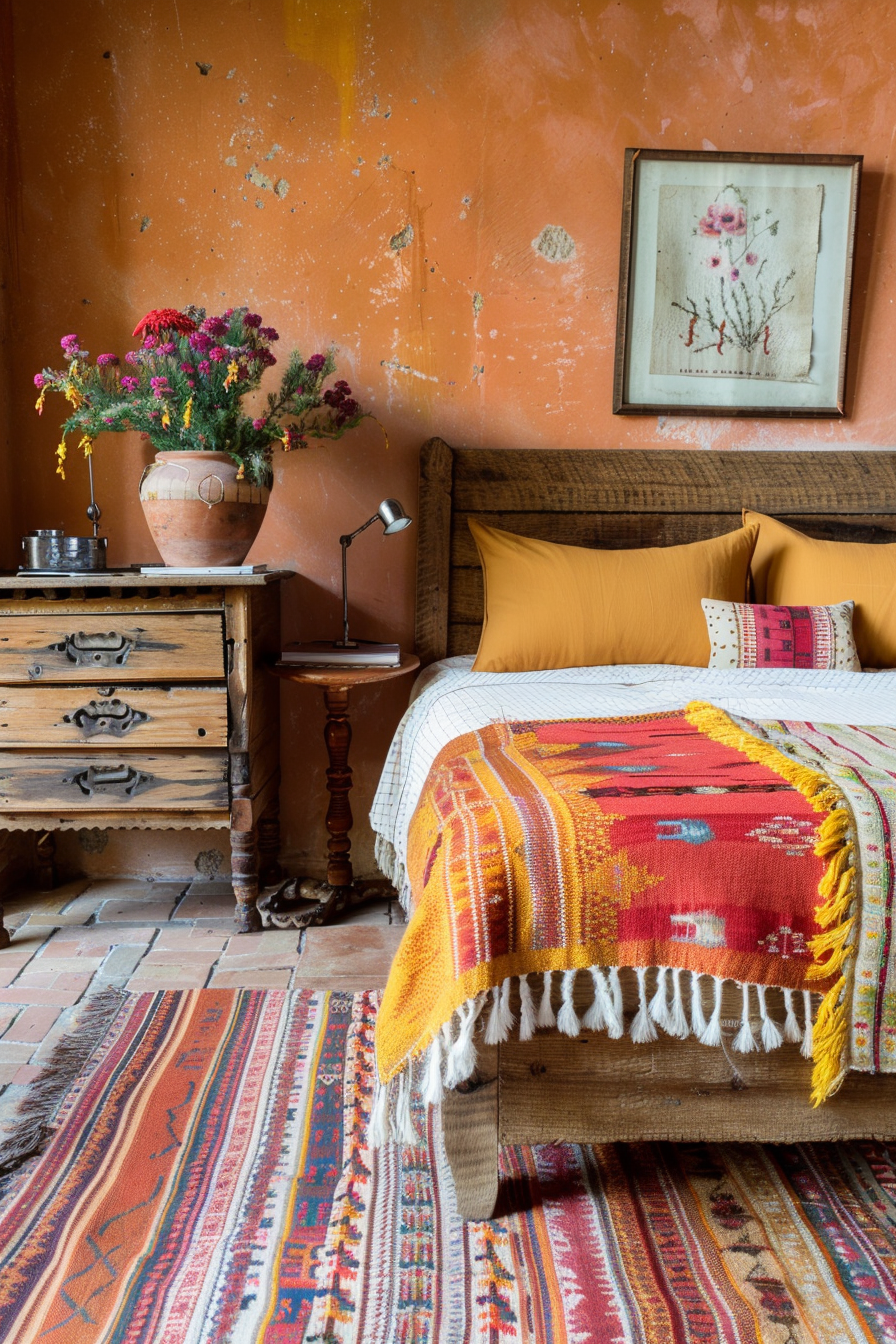 Mexican farmhouse bedroom with living patterns and cozy throws
