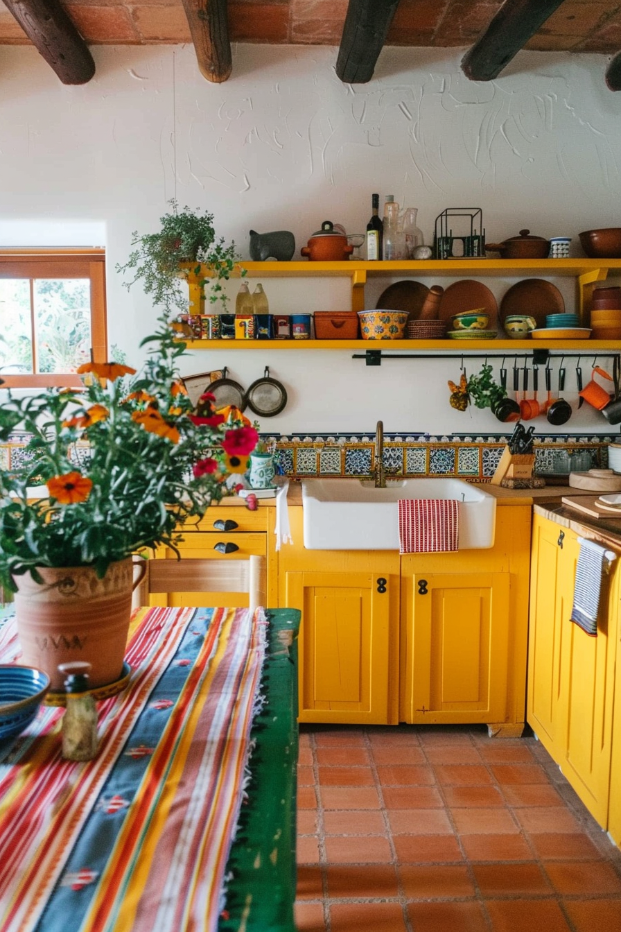 Rustic Mexican farmhouse kitchen with strong red cupboards
