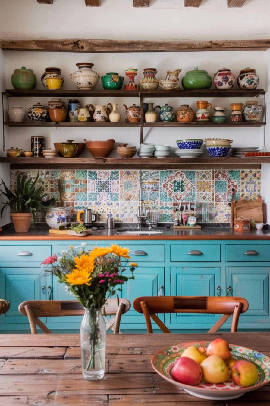 Lively Mexican farmhouse kitchen with turquoise cupboards