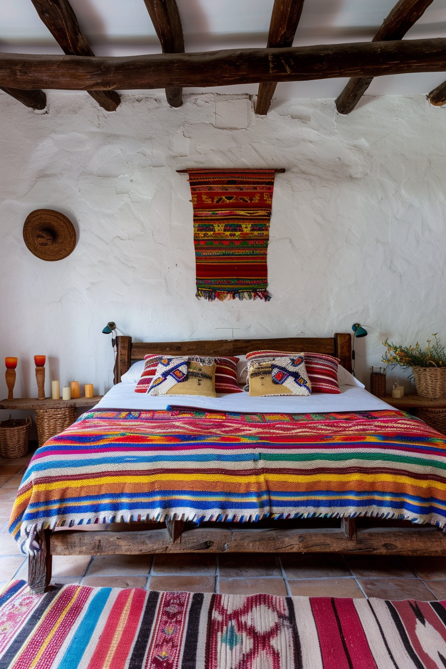 Mexican farmhouse bedroom with rustic wooden furniture and lively blue accents