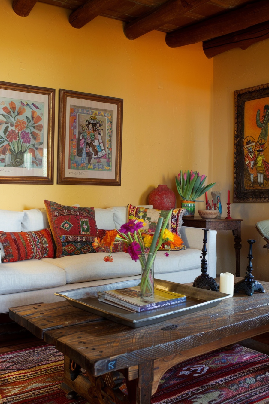 Mexican living room for farmhouse with cream walls and colorful pillows