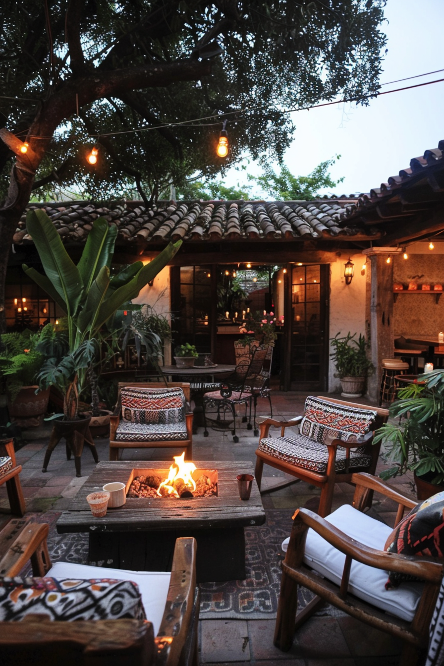 Charming Mexican farmhouse terrace with colorful ceramic tiles and wrought iron furniture