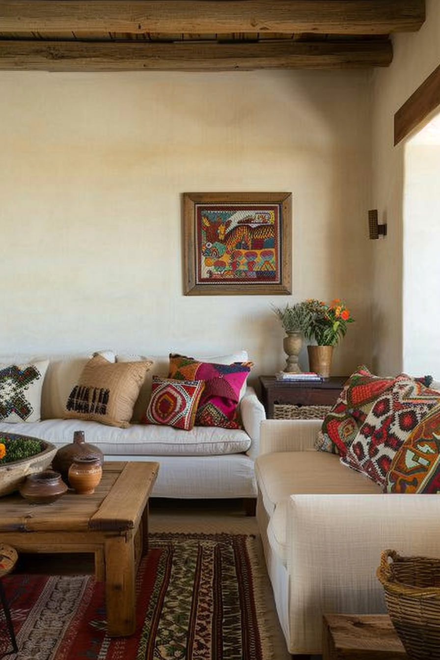 Cozy Mexican living room for farmhouse with living textiles and needy wooden furniture