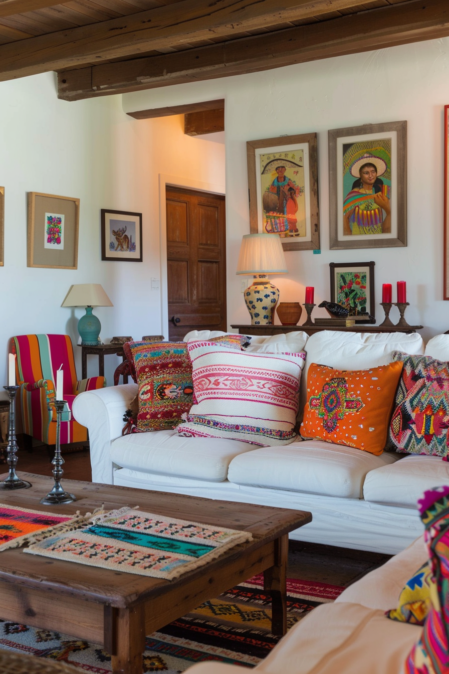 Living Mexican living room with desperate wood and folk art