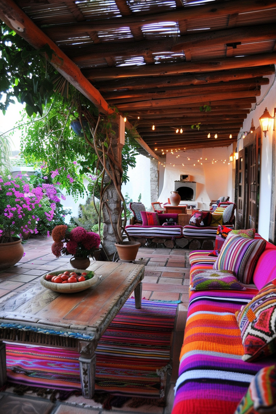 Mexican farmhouse terrace with terracotta flies and weathered wooden furniture