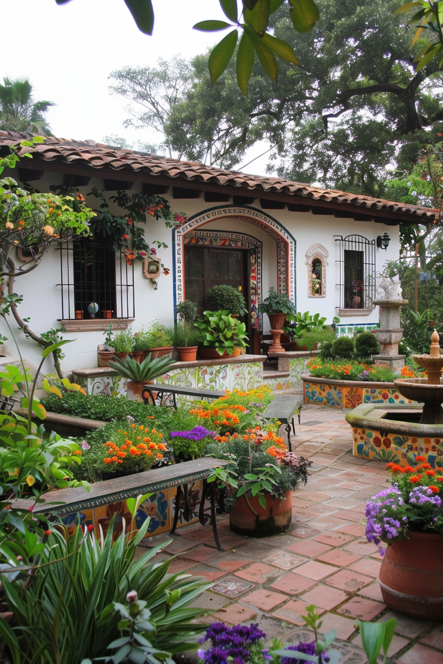 Mexican farm garden with lush green and colorful flowers