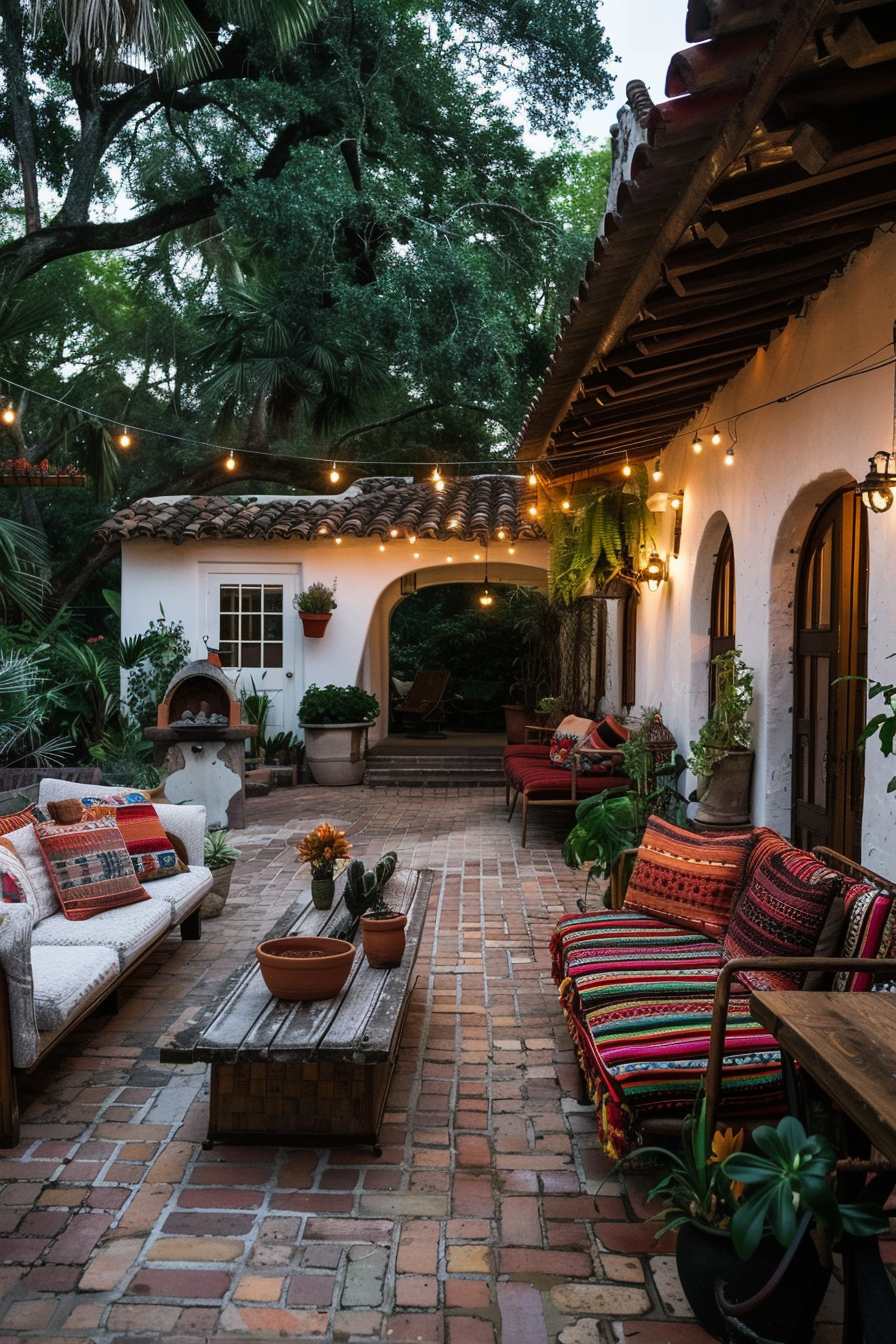 Cozy Mexican farmhouse terrace with rustic wooden furniture and a fireplace