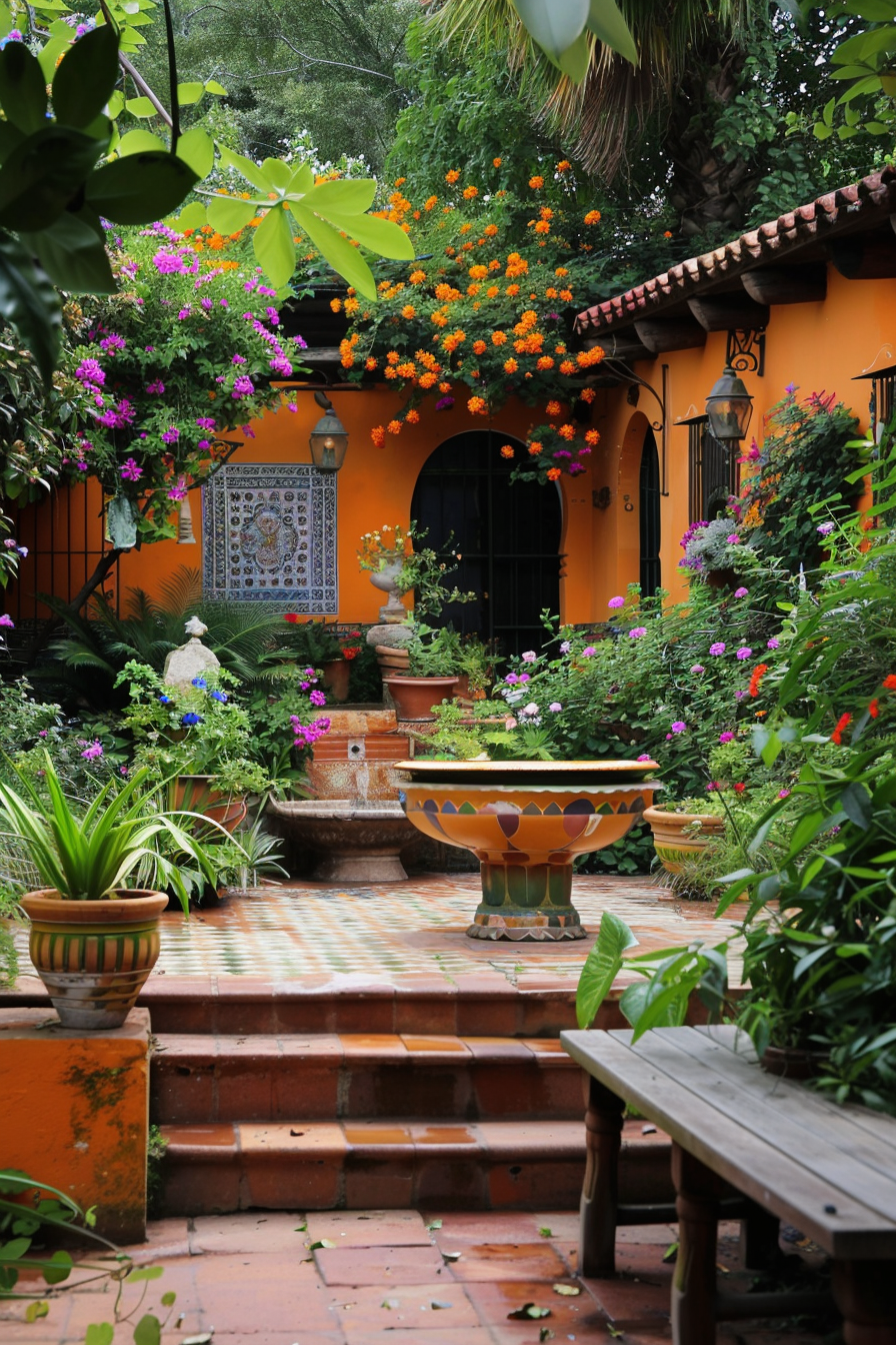 Living Mexican farm garden with bougainvillea and marigolds in terracotta pots