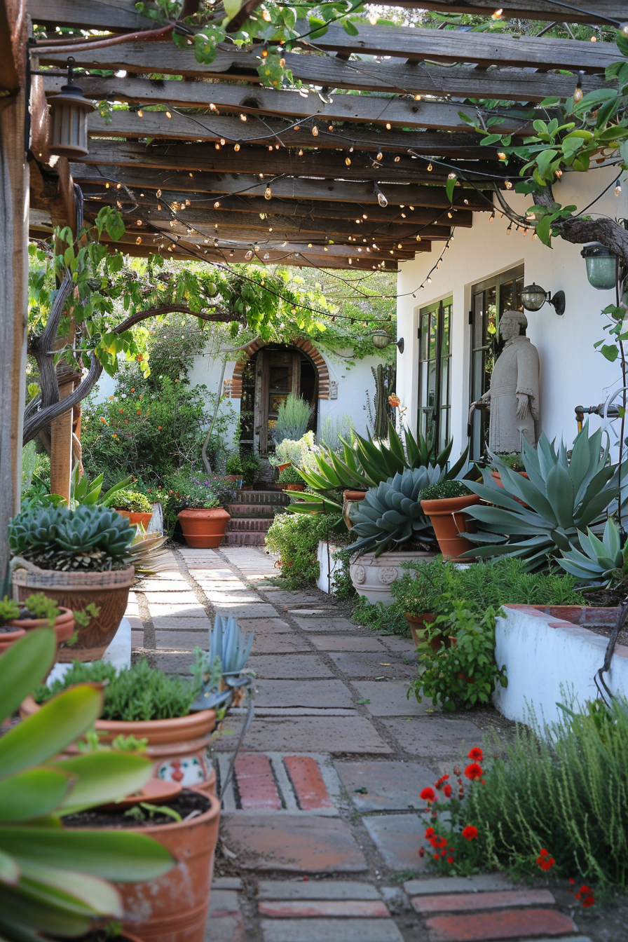 Cozy Mexican farmhouse Garden Sanctuary with lush plants and succulents