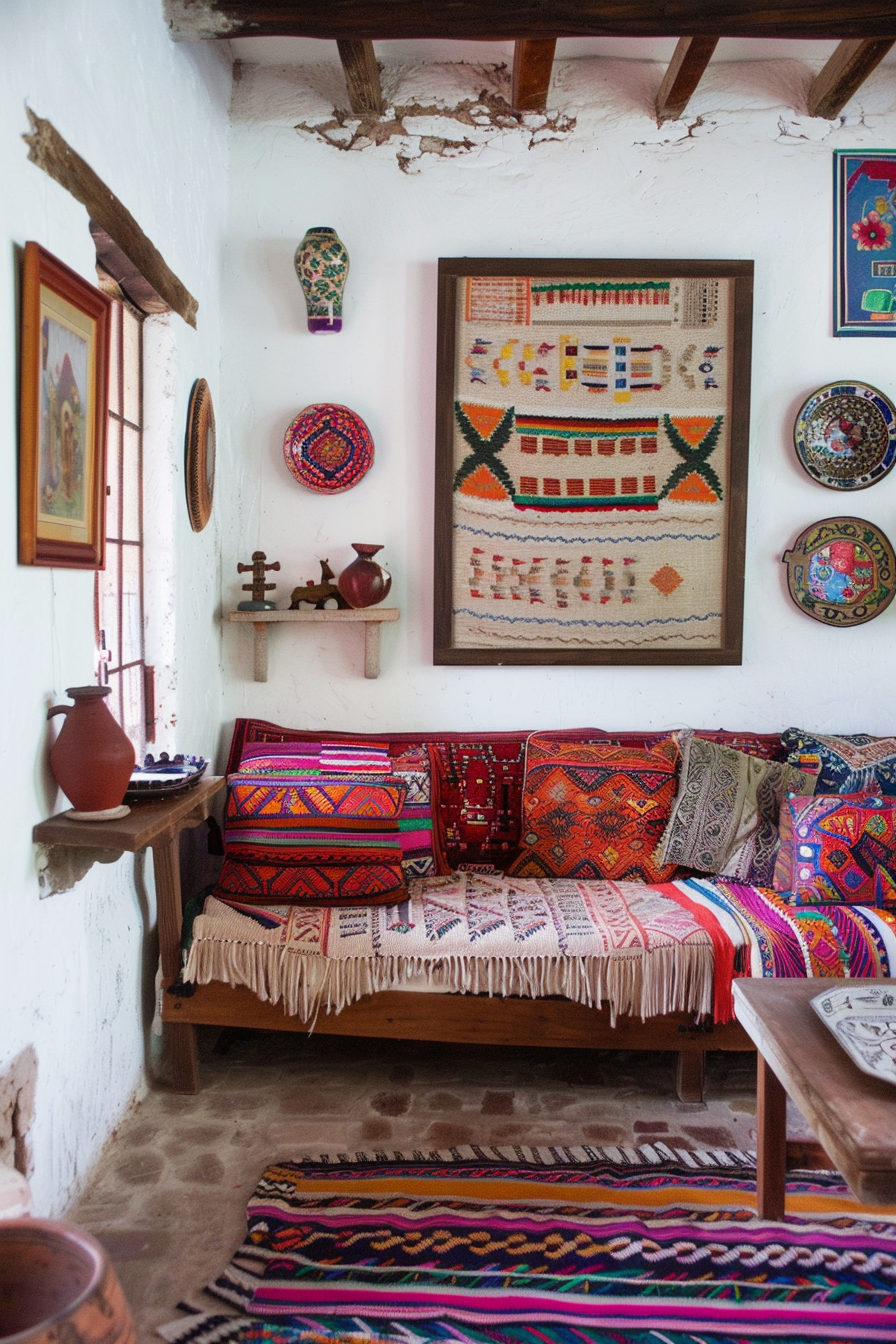 Eklectic Mexican farmhouse interior with walls that are decorated with folk art