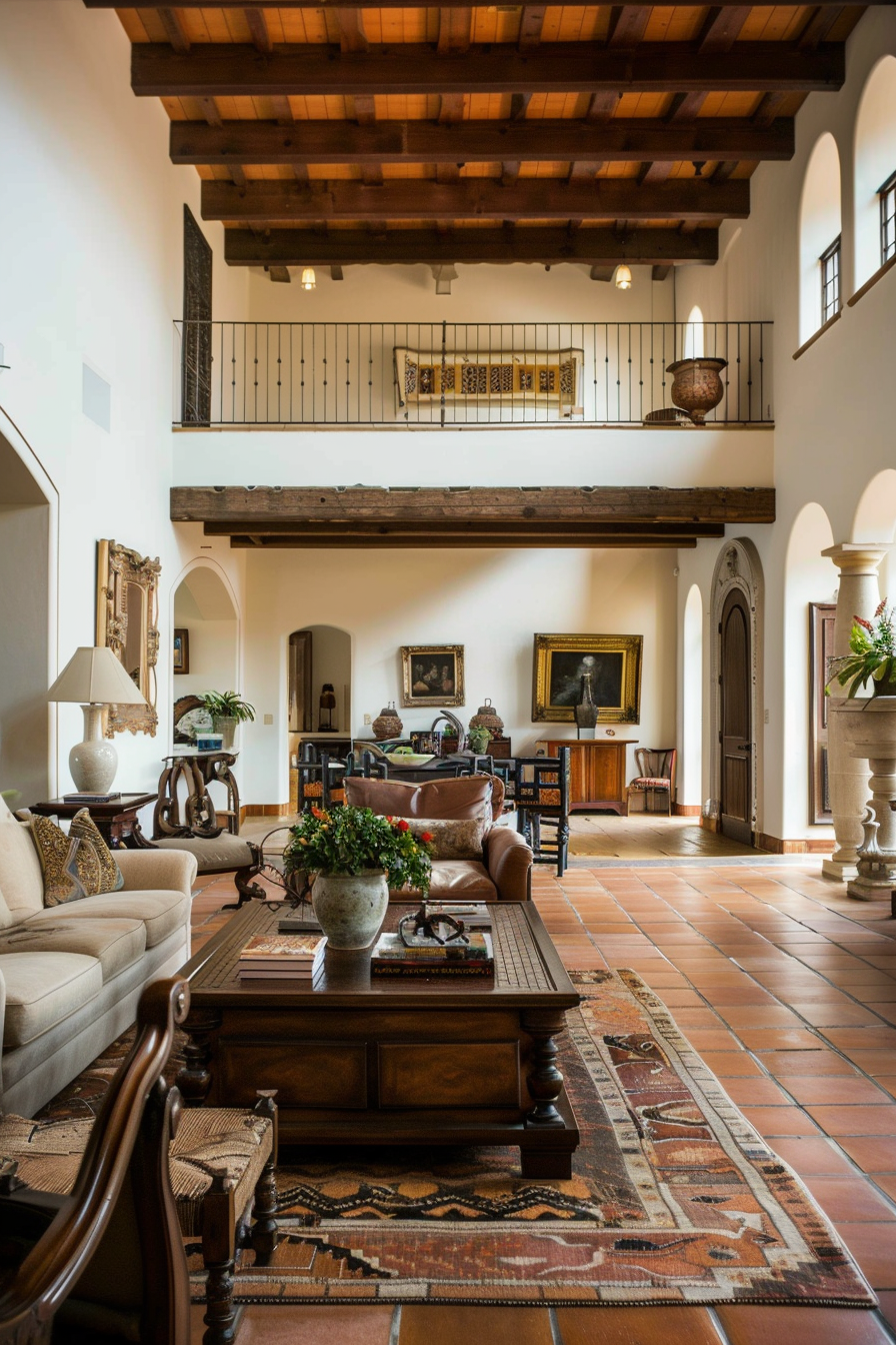 Elegant interior in the style of Hacienda with considerable furniture and rich wooden surfaces