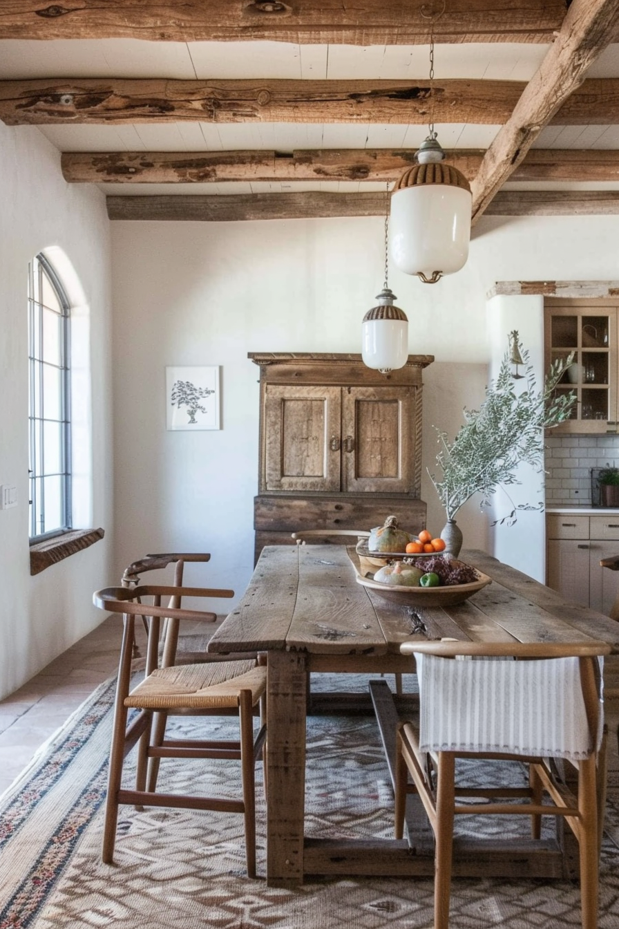 Rustic Mexican farmhouse interior with weathered wood and exposed beams
