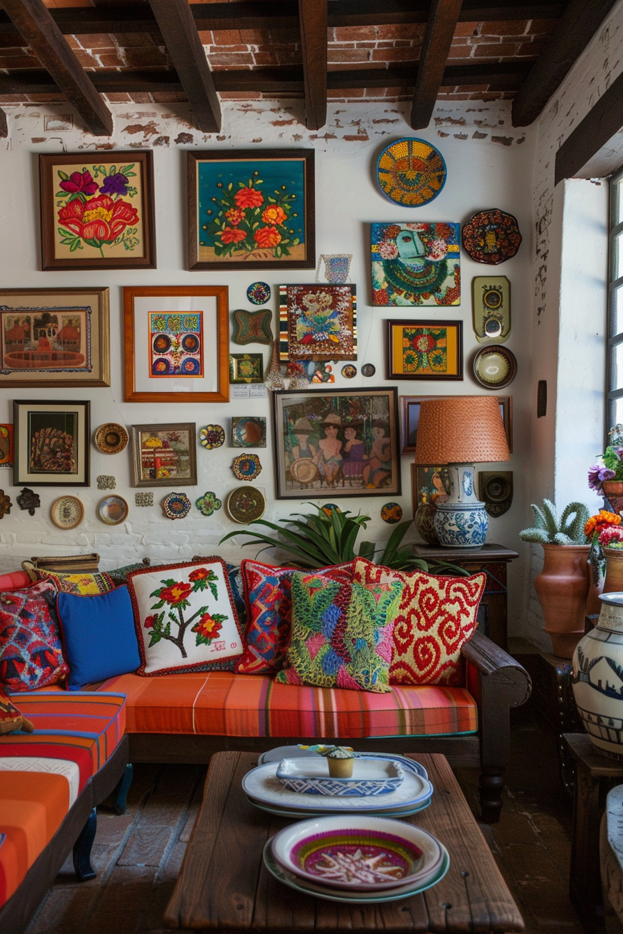 Cozy living room with a Mexican farmers' gallery with traditional art