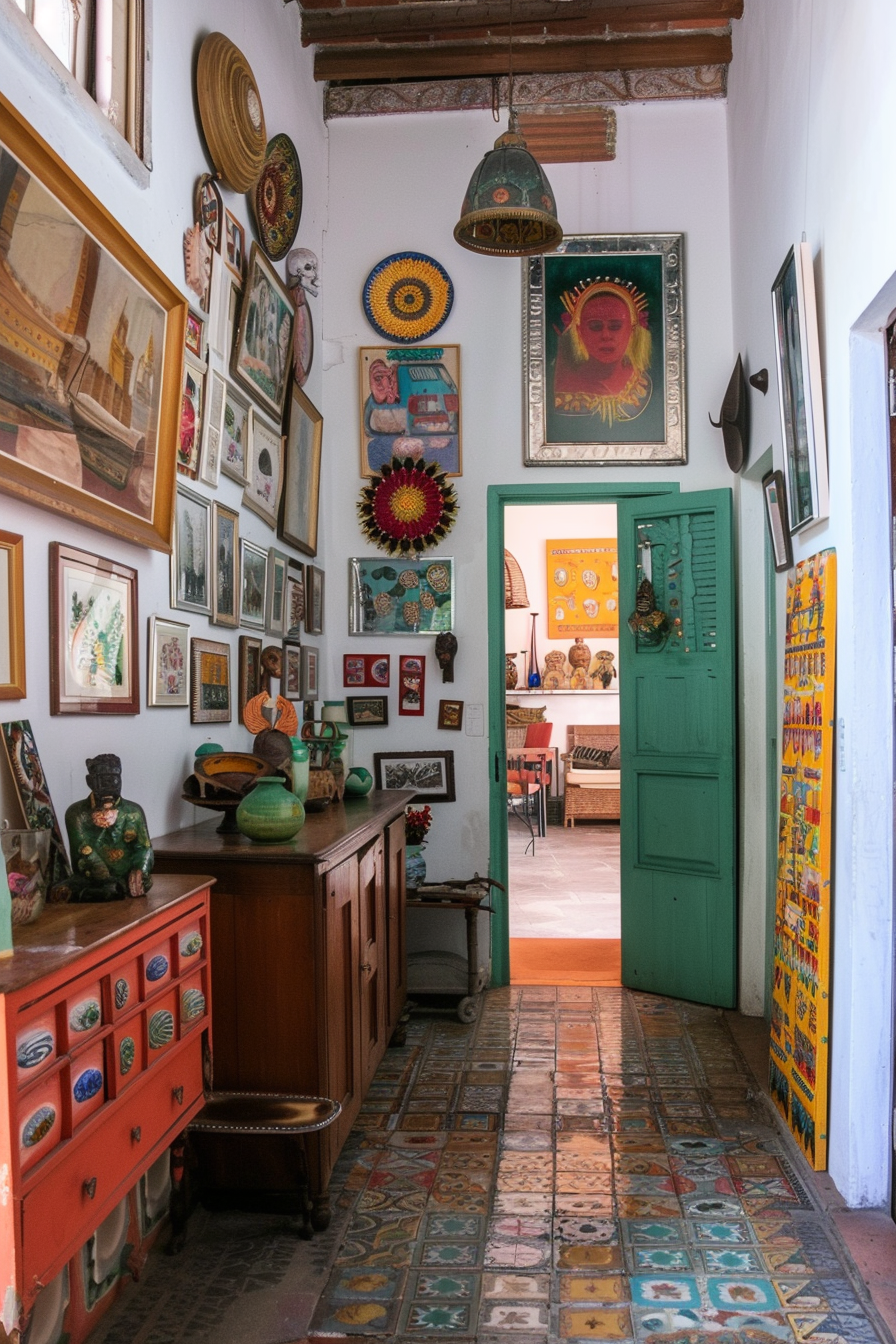 Mexican farmhouse gallery wall with colorful folk art and handmade decor