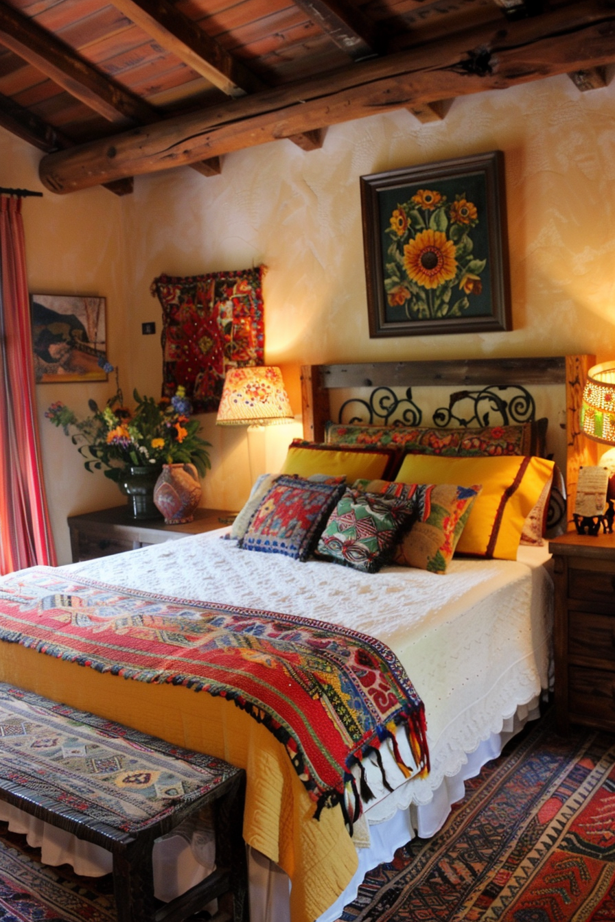 Cozy bedroom with Mexican farmhouse decor and manual textiles