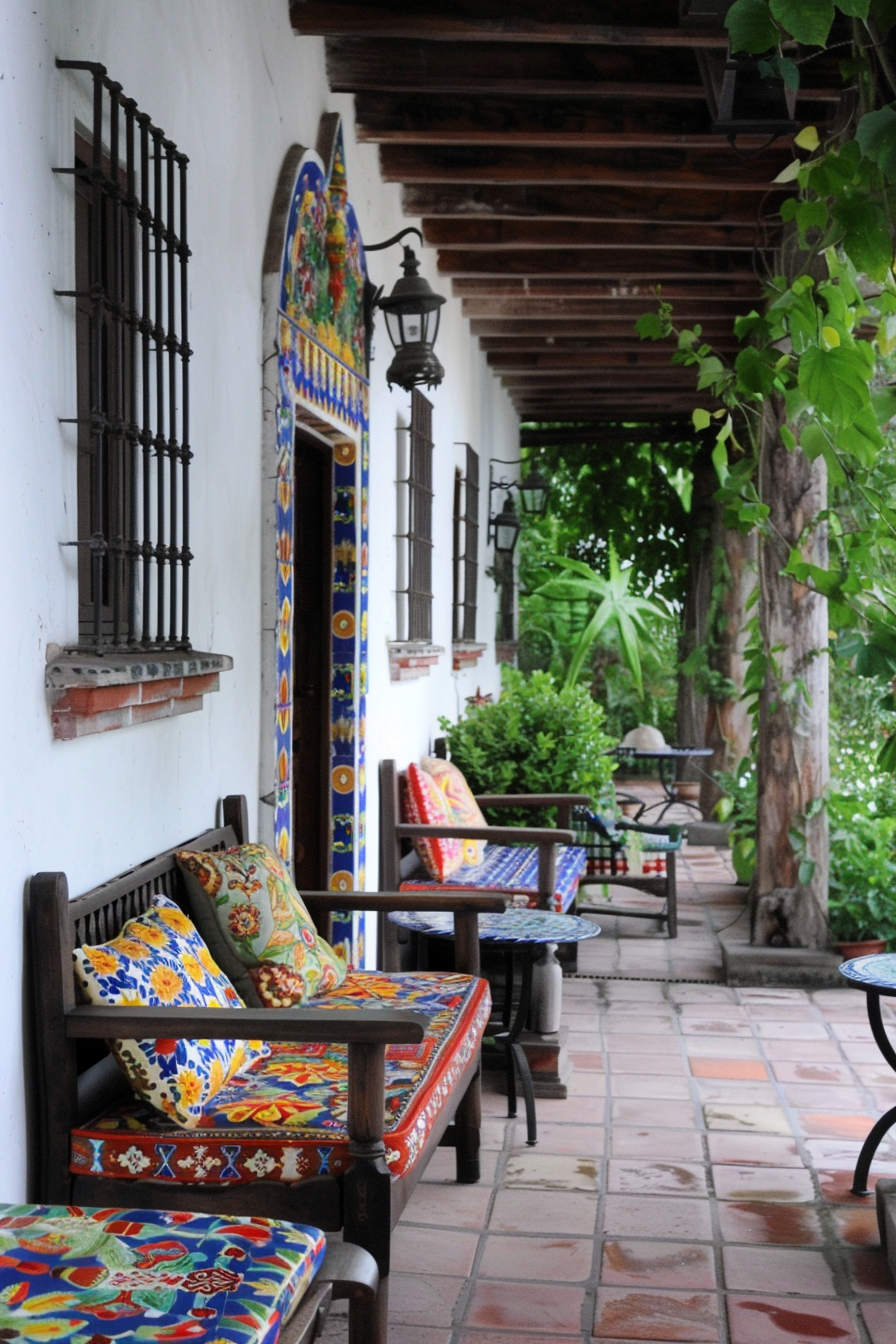 Mexican farmhouse terrace with comfortable seating and rustic furniture