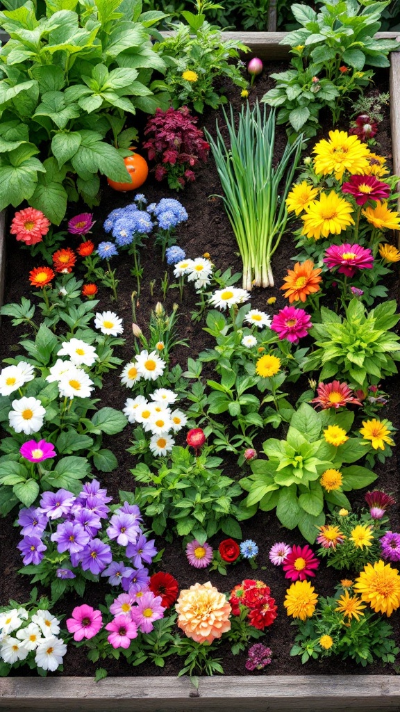 A vibrant garden bed filled with a variety of flowers and vegetables.