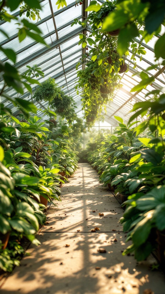 A greenhouse full of lush green plants and sunlight streaming through the glass roof.