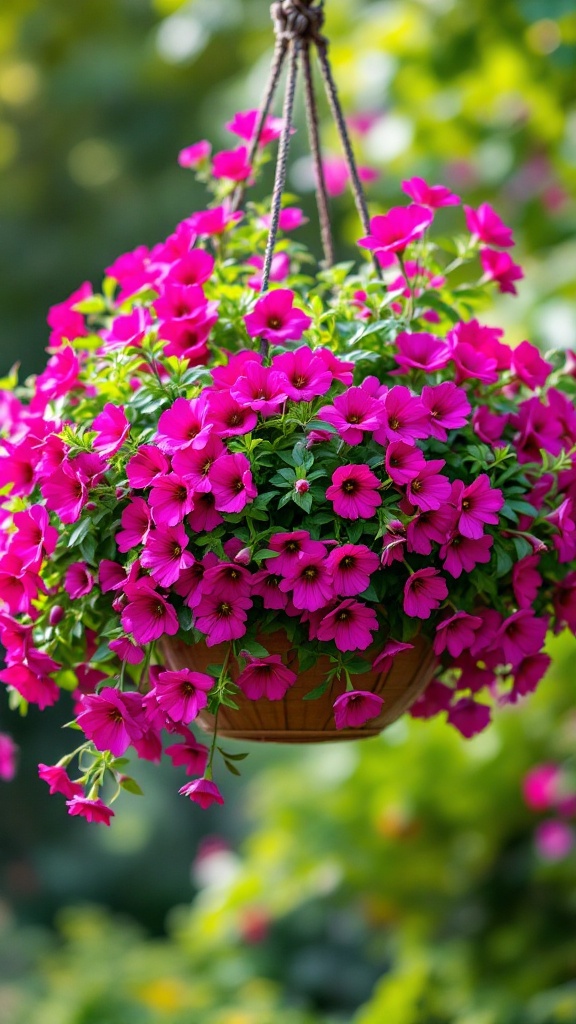 A vibrant hanging basket filled with fuchsia flowers.