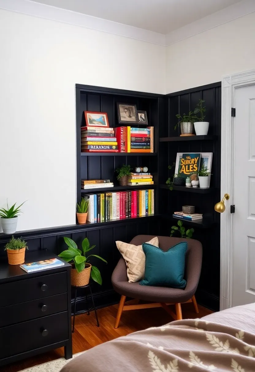 20 Trendy Black Beadboard Accent Wall Ideas for the Ultimate Bedroom Makeover! - 17. Cozy corner with built-in shelves