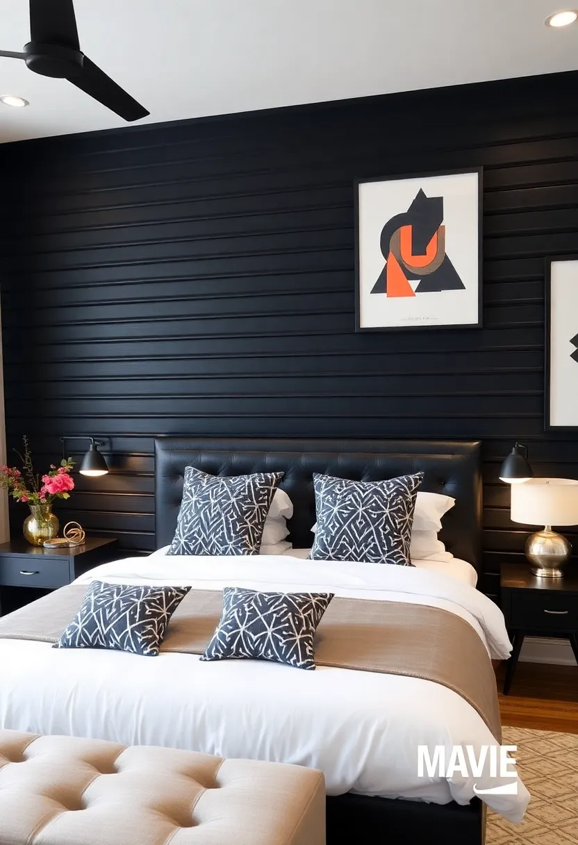 20 Trendy Black Beadboard Accent Wall Ideas for the Ultimate Bedroom Makeover! - 12. Geometric patterns for a modern touch