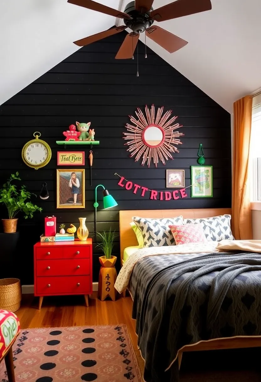 20 Trendy Black Beadboard Accent Wall Ideas for the Ultimate Bedroom Makeover! - 11. Retro vibes with colorful accents