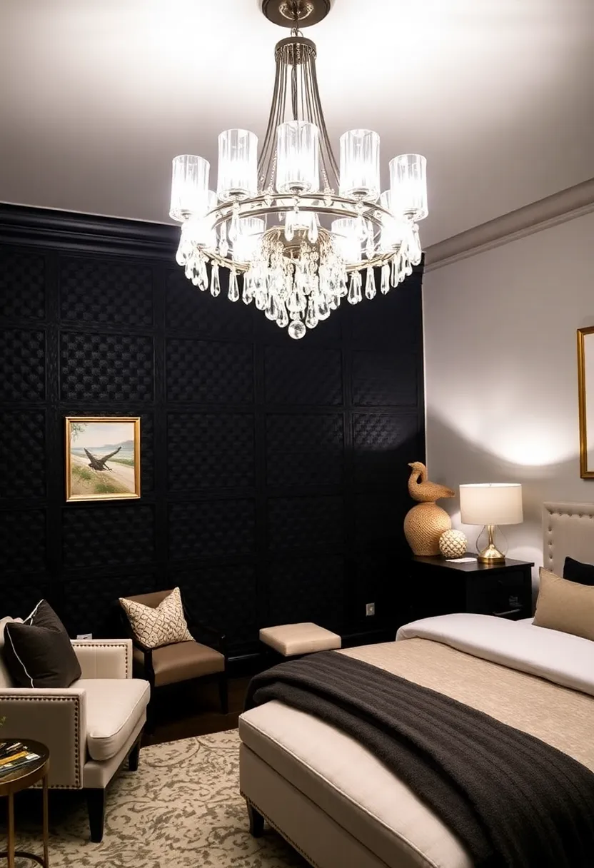 20 Trendy Black Beadboard Accent Wall Ideas for the Ultimate Bedroom Makeover! - 15. Statement lighting for radiant shine