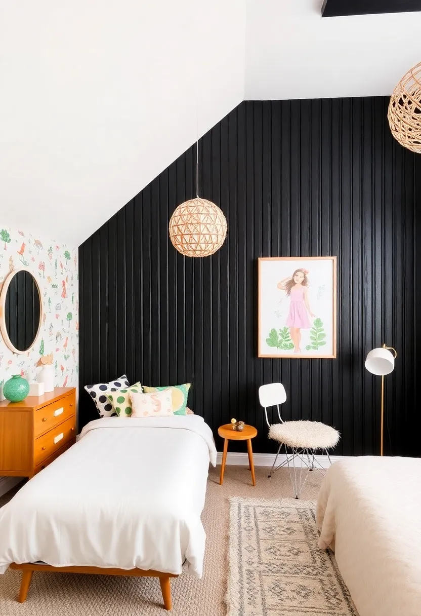 20 Trendy Black Beadboard Accent Wall Ideas for the Ultimate Bedroom Makeover! - 16. Whimsical wallpaper accents