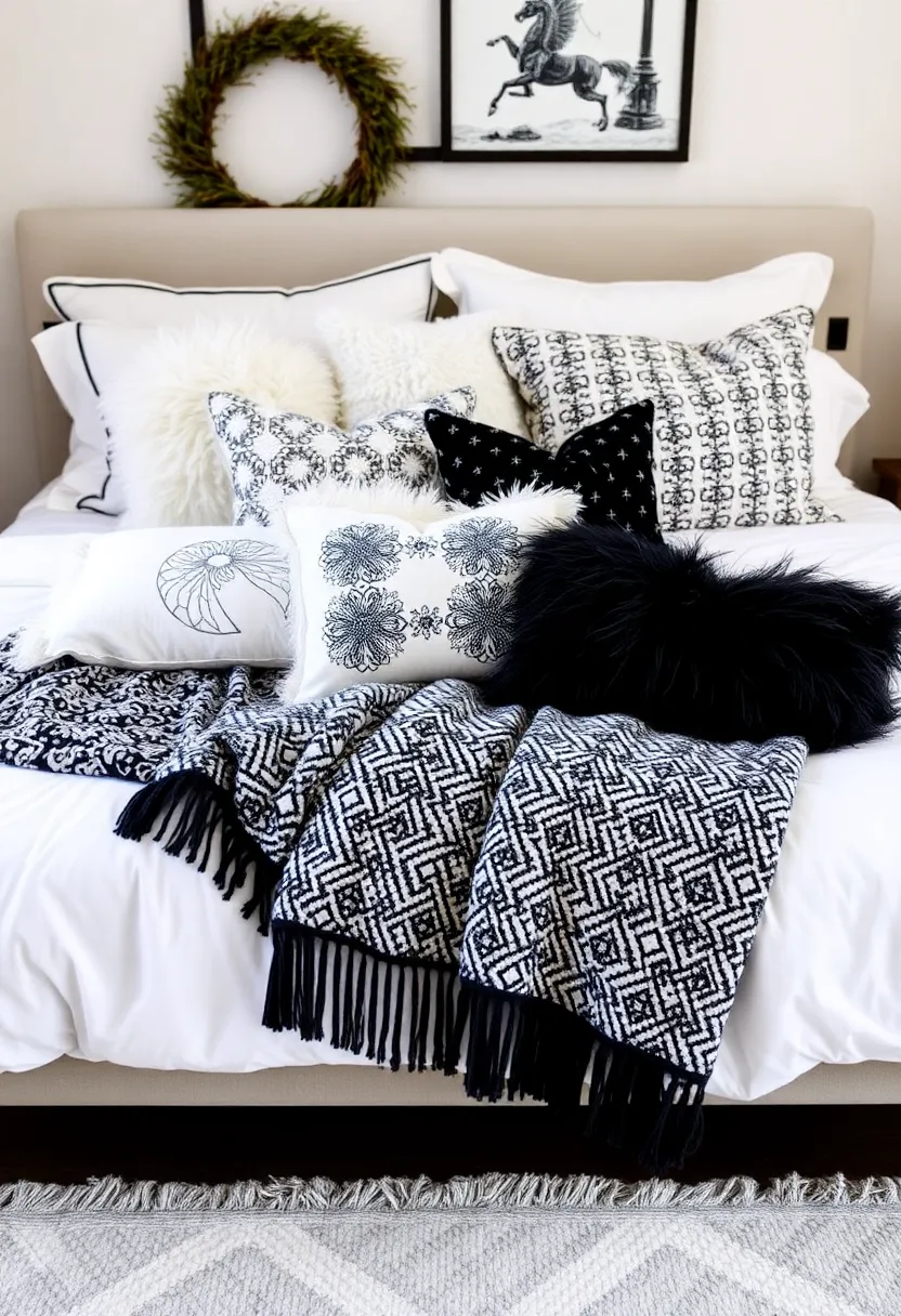 21 creative, eclectic black and white bedroom ideas that are simply unforgettable! - 21. Playful bedding layers