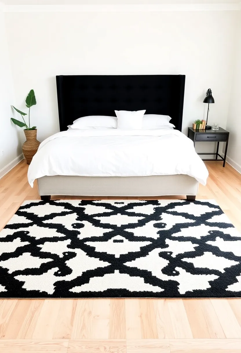 21 creative, eclectic black and white bedroom ideas that are simply unforgettable! - 8. Statement rugs