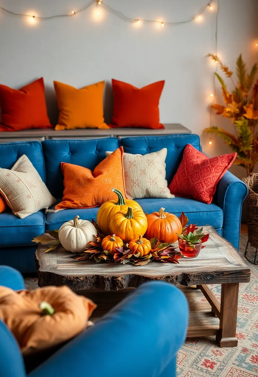 21 seasonal decor ideas for living room with a blue couch: refresh your room all year round - 4th autumn harvest